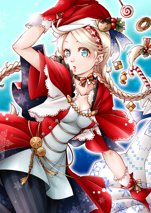 1girl biscuit blonde_hair blue_eyes braid breasts candy capelet christmas cleavage earrings ebi_puri_(ebi-ebi) eponine_(fire_emblem_if) fire_emblem fire_emblem_if food gloves hairband hat jewelry leaf long_hair looking_at_viewer medium_breasts open_mouth santa_hat snowflakes solo twin_braids
