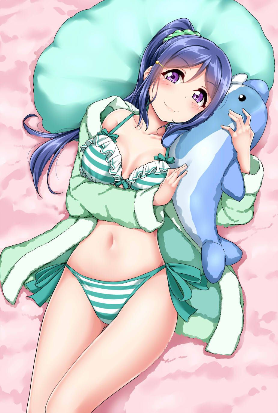 1girl ass_visible_through_thighs bangs bathrobe bed_sheet bikini blush breasts cleavage collarbone cowboy_shot eyebrows_visible_through_hair frilled_bikini frills from_above green_ribbon hair_between_eyes hair_ornament hairclip head_tilt highres long_sleeves looking_at_viewer looking_up love_live! love_live!_sunshine!! lying matsuura_kanan medium_breasts object_hug off_shoulder on_back open_clothes parted_bangs pillow ponytail ribbon side-tie_bikini single_bare_shoulder solo striped striped_bikini stuffed_animal stuffed_dolphin stuffed_toy swimsuit tareme thigh_gap thighs yopparai_oni