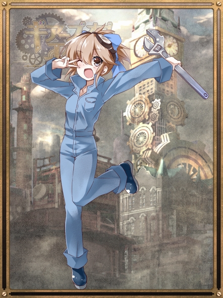 ;d black_footwear blue_bow blue_pants bow brown_eyes brown_hair clock gears hair_bow looking_at_viewer official_art one_eye_closed open_mouth pants pocket pose sanzenkai_no_avatar shinsekai1205 shirt_pocket smile standing standing_on_one_leg tower wrench