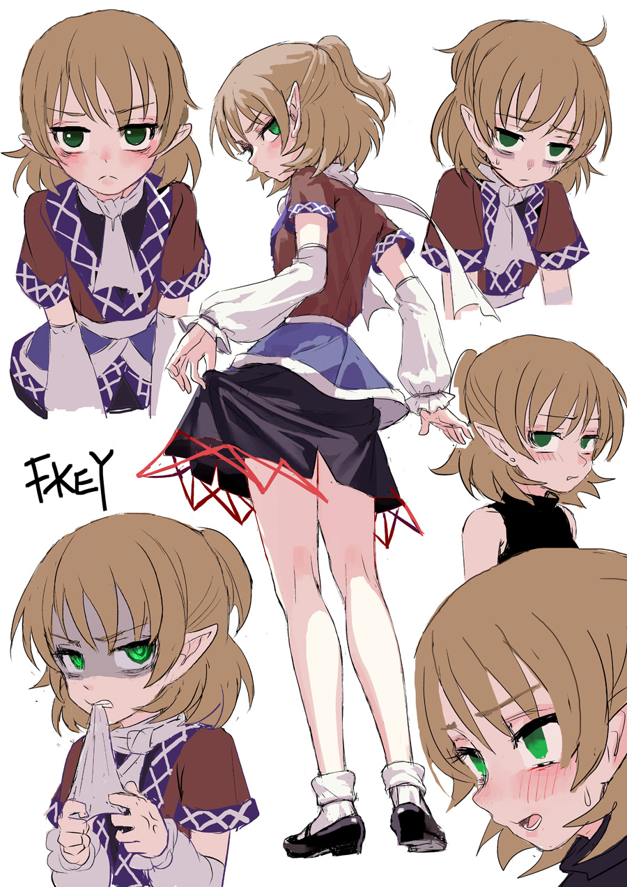 1girl artist_name bare_shoulders biting black_skirt blonde_hair blush clenched_teeth commentary_request detached_sleeves expressions eyebrows_visible_through_hair fkey from_behind full_body green_eyes highres lifted_by_self looking_at_viewer looking_back mary_janes mizuhashi_parsee pointy_ears shaded_face shoes short_hair short_sleeves simple_background skirt skirt_lift socks standing sweatdrop teeth touhou white_background white_legwear white_neckwear