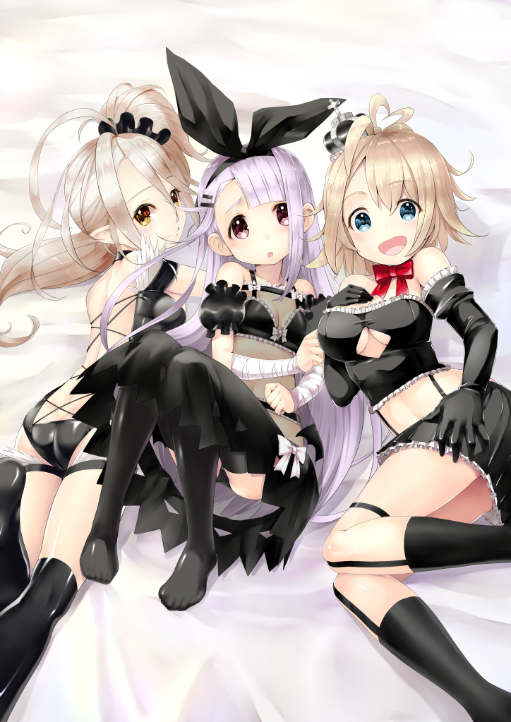 3girls :d :o animal_print ass asymmetrical_bangs backless_outfit bandage bandaged_arm bangs bare_shoulders bat_print bed_sheet black_bra black_choker black_dress black_gloves black_hairband black_legwear black_panties black_ribbon black_scrunchie black_shirt black_skirt blue_eyes blush bow bow_bra bowtie bra breasts brown_eyes choker cleavage cleavage_cutout closed_mouth collarbone commentary_request crown dress elbow_gloves eyebrows_visible_through_hair feather_trim frilled_bra frilled_gloves frilled_skirt frills gloves hair_between_eyes hair_ornament hair_ribbon hair_scrunchie hairband hairclip hand_on_hip hand_on_own_chest head_tilt kneehighs leather leather_gloves leather_shirt leather_skirt leather_suit light_brown_hair long_hair looking_at_viewer looking_back lying medium_breasts mini_crown multiple_girls no_shoes on_back on_side on_stomach open_mouth original over-kneehighs panties parted_lips pleated_skirt pointy_ears print_dress puffy_short_sleeves puffy_sleeves purple_hair red_neckwear ribbon rin2008 scrunchie see-through shirt short_sleeves sidelocks skirt small_breasts smile strapless thigh-highs underwear very_long_hair white_bow yellow_eyes