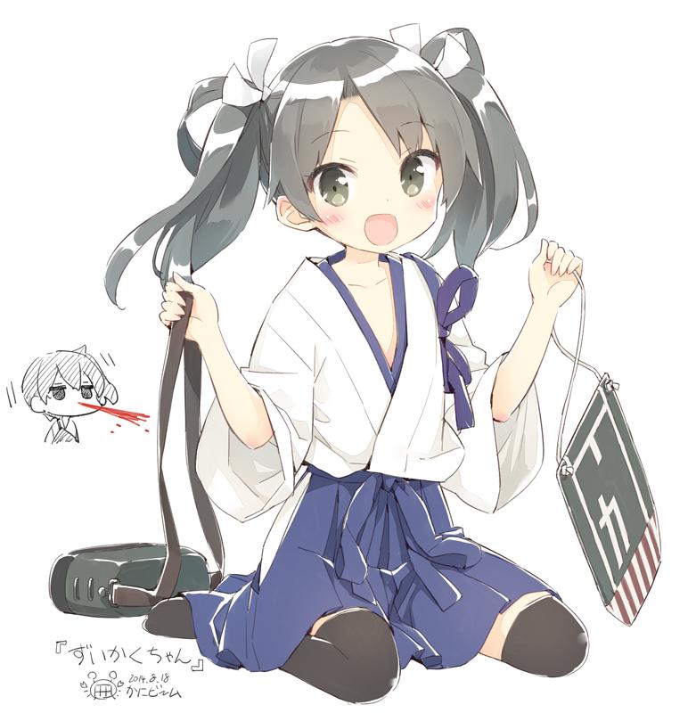 2girls :d bangs black_legwear blood blue_hakama blush collarbone commentary_request cosplay eyebrows_visible_through_hair green_eyes grey_hair hair_ribbon hakama hakama_skirt holding japanese_clothes kaga_(kantai_collection) kaga_(kantai_collection)_(cosplay) kantai_collection kimono long_sleeves looking_at_viewer multiple_girls no_shoes nosebleed open_mouth peko ribbon short_kimono side_ponytail signature simple_background sitting smile solo_focus thigh-highs translation_request twintails wariza white_background white_kimono white_ribbon wide_sleeves zuikaku_(kantai_collection)