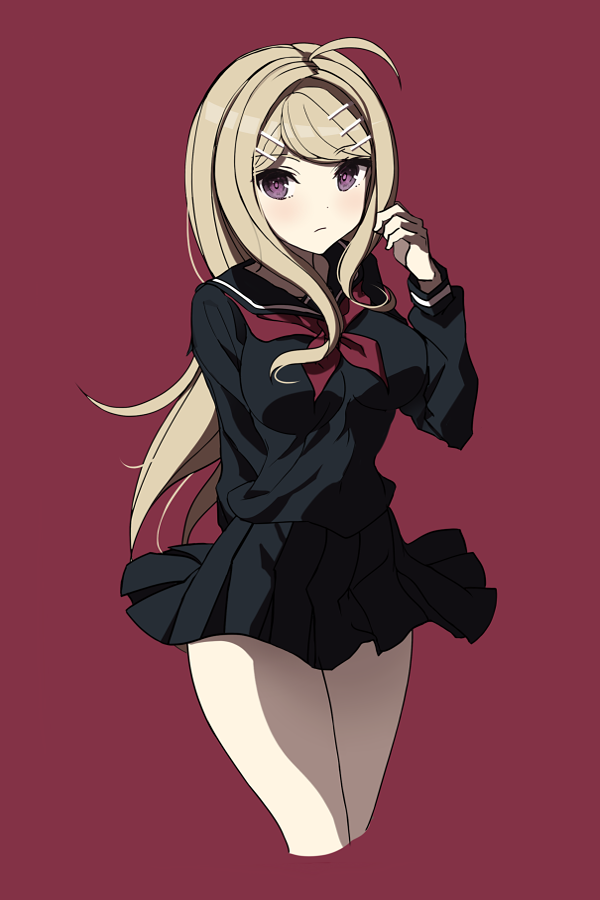 1girl ahoge akamatsu_kaede black_serafuku black_skirt blush breasts brown_hair dangan_ronpa eyebrows_visible_through_hair hair_ornament hairclip long_hair looking_at_viewer medium_breasts new_dangan_ronpa_v3 pleated_skirt sailor_collar school_uniform serafuku skirt solo ssumbi violet_eyes