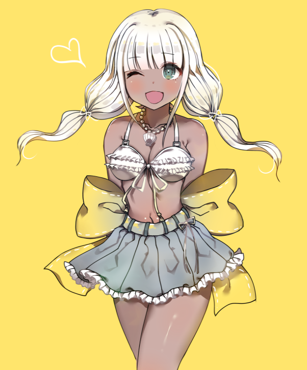 1girl arms_behind_back bangs bikini_top blue_skirt blunt_bangs blush breasts dangan_ronpa eyebrows_visible_through_hair frilled_bikini_top frilled_skirt frills green_eyes heart jewelry long_hair looking_at_viewer low_twintails medium_breasts necklace new_dangan_ronpa_v3 one_eye_closed open_clothes open_mouth pendant pleated_skirt shoes short_sleeves skirt smile solo ssumbi twintails white_hair yellow_background yonaga_angie