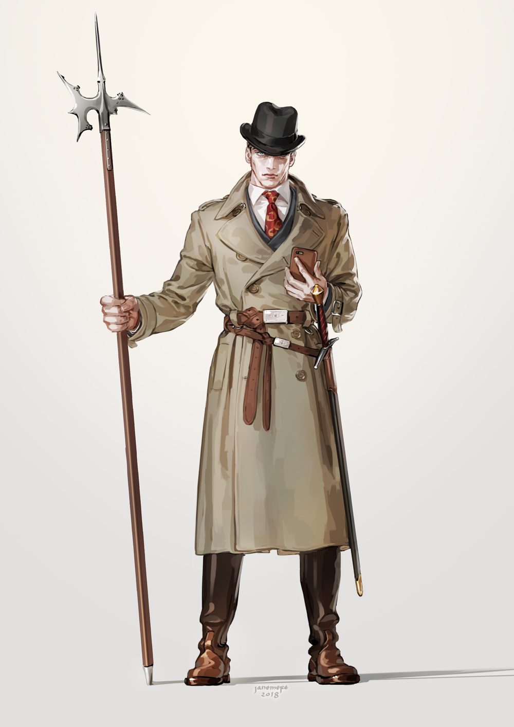 1boy artist_name belt black_hat black_pants blue_eyes brown_coat brown_footwear cellphone closed_mouth coat dated full_body gradient gradient_background grey_background halberd hat highres holding holding_phone holding_weapon jane_mere lips long_sleeves looking_at_viewer necktie original pants phone polearm red_neckwear shadow sheath sheathed shoes smartphone solo standing sword weapon wing_collar