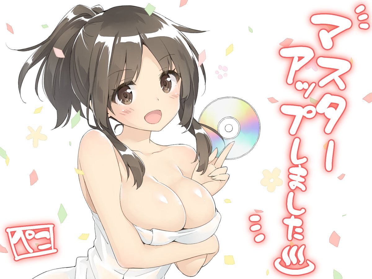 1girl :d bare_shoulders blush breasts brown_eyes brown_hair cd cleavage commentary_request copyright_request eyebrows_visible_through_hair hand_up holding large_breasts naked_towel open_mouth peko ponytail short_hair signature smile solo towel translation_request upper_body