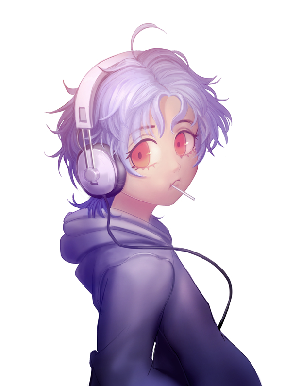 ahoge blue_hair blue_hoodie brown_eyes closed_mouth curly_hair food headphones hood hoodie ikuse looking_at_viewer looking_back popsicle raised_eyebrows short_hair tsih_(sora) white_background