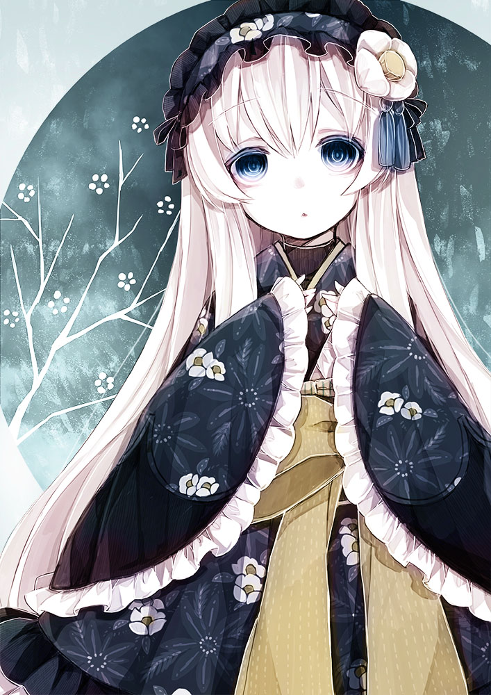 1girl :o bangs blue_eyes eyebrows_visible_through_hair floral_print flower frilled_sleeves frills hair_flower hair_ornament hairband japanese_clothes kimono lolita_hairband long_hair looking_at_viewer obi phantasy_star phantasy_star_online_2 ringed_eyes sash shiro_yurine solo very_long_hair white_hair wide_sleeves