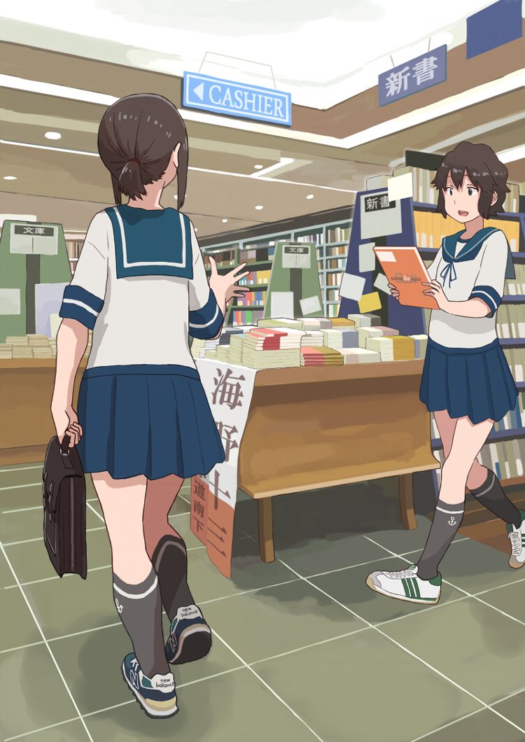 2girls anchor_symbol black_legwear blue_skirt book bookshelf brown_hair from_behind fubuki_(kantai_collection) full_body holding holding_book indoors kantai_collection kneehighs matsutani miyuki_(kantai_collection) multiple_girls neck_ribbon open_mouth pleated_skirt ponytail ribbon sailor_collar school_uniform serafuku shoes short_hair sidelocks skirt sneakers suitcase translation_request walking