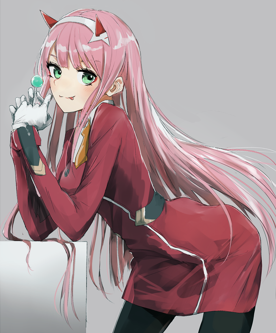 1girl :p bangs black_legwear candy cowboy_shot darling_in_the_franxx dress food from_side gloves green_eyes grey_background hair_ornament holding horns leaning_forward lollipop long_hair long_sleeves looking_at_viewer pantyhose pink_hair simple_background smile solo swav tongue tongue_out white_gloves zero_two_(darling_in_the_franxx)