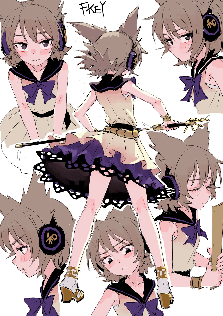 1girl bare_arms bare_shoulders belt blush bow bracelet brown_hair closed_eyes collarbone commentary_request expressions eyebrows_visible_through_hair fkey from_behind full_body headphones highres holding holding_weapon jewelry looking_at_viewer pointy_hair purple_bow purple_skirt ritual_baton sailor_collar sarashi sheath sheathed shirt short_hair simple_background skirt sleeveless sleeveless_shirt smile standing sword touhou toyosatomimi_no_miko unsheathing violet_eyes weapon white_background