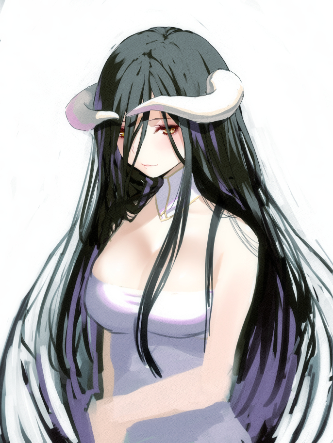 1girl albedo bare_arms bare_shoulders breasts closed_mouth commentary_request demon_horns dress eyeshadow hair_between_eyes horns large_breasts long_hair looking_at_viewer makeup overlord_(maruyama) simple_background sketch smile solo very_long_hair white_background white_dress yasuyuki yellow_eyes