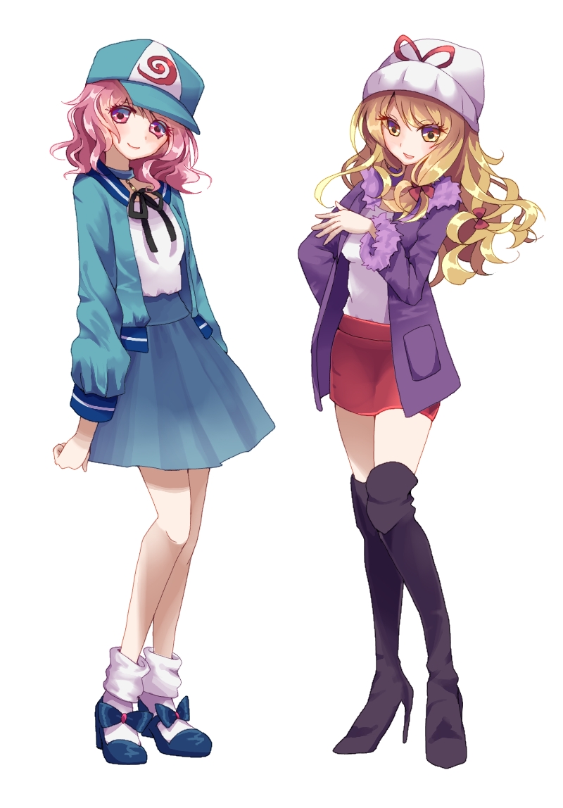 alternate_costume artist_request baseball_cap blonde_hair boots casual hat high_heels knee_boots pink_eyes pink_hair saigyouji_yuyuko simple_background touhou white_background yakumo_yukari yellow_eyes