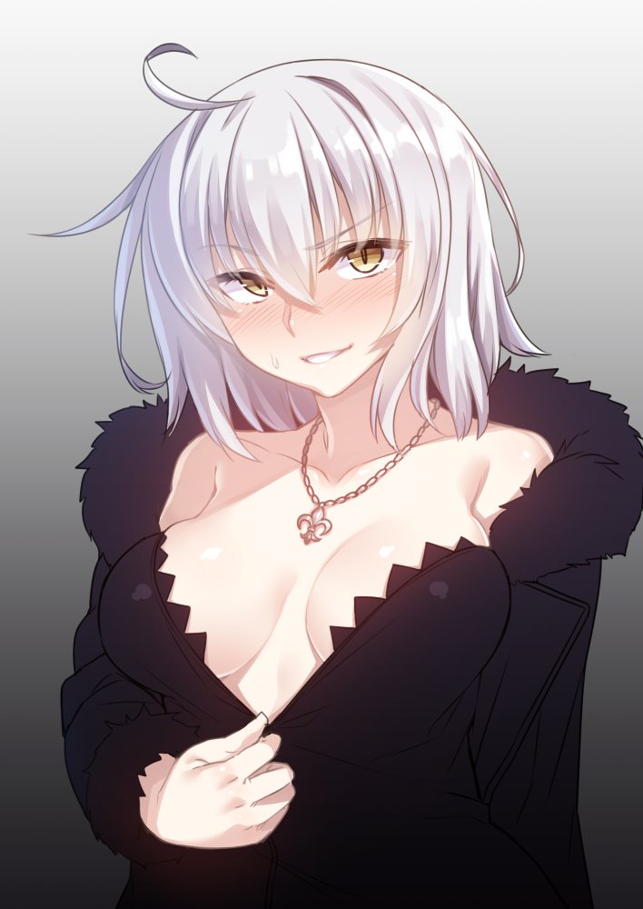 1girl ahoge blush breasts breasts_apart collarbone commentary eyebrows_visible_through_hair fate/grand_order fate_(series) fleur_de_lis fur_collar hair_between_eyes jeanne_d'arc_(alter)_(fate) jeanne_d'arc_(fate)_(all) jewelry looking_at_viewer medium_breasts necklace parted_lips racer_(magnet) silver_hair smirk solo sweatdrop upper_body yellow_eyes