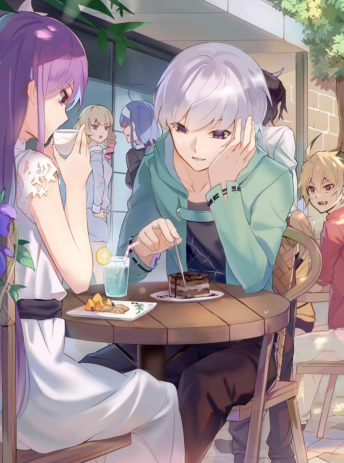 3boys 4girls ahoge black_hair blonde_hair blue_hair byakuya_(under_night_in-birth) cafe cake casual cup dress drill_hair drinking erika_wagner flower food hair_flower hair_ornament hairband hand_on_hip hand_on_own_face highres hood hood_down hoodie hyde_(under_night_in-birth) klllk lace lace-trimmed_dress linne long_hair looking_at_another looking_down multicolored_hair multiple_boys multiple_girls orie_(under_night_in-birth) purple_hair red_eyes seth_(under_night_in-birth) sitting table teacup tree tsukuyomi_(under_night_in-birth) two-tone_hair under_night_in-birth violet_eyes white_dress white_hair