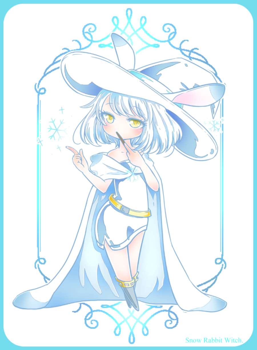 1girl animal_ears cape full_body hat highres index_finger_raised looking_at_viewer medium_hair original rabbit_ears ruin8095s snowflakes standing tachi-e wand white_cape white_hair white_hat witch witch_hat yellow_eyes