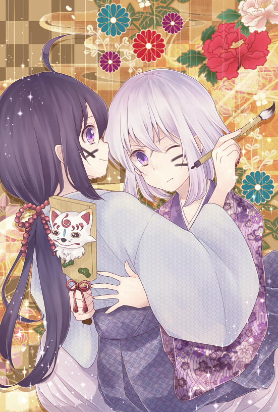 2boys black_hair checkered checkered_background facepaint flower hagoita hakama honebami_toushirou japanese_clothes konnosuke l_a_n_a male_focus multiple_boys namazuo_toushirou new_year one_eye_closed paddle paintbrush smile sparkle touken_ranbu violet_eyes white_hair