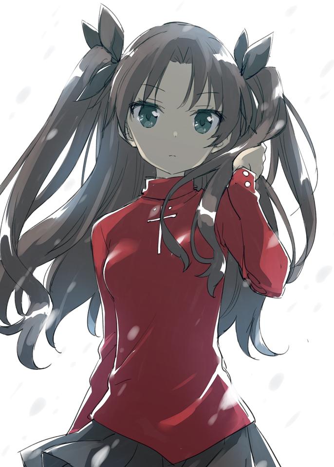 1girl black_bow black_skirt bow breasts brown_hair closed_mouth cross eyebrows_visible_through_hair fate/stay_night fate_(series) green_eyes hair_bow hand_up long_hair long_sleeves looking_at_viewer medium_breasts peko pleated_skirt red_sweater serious skirt solo tohsaka_rin two_side_up upper_body white_background wind wind_lift