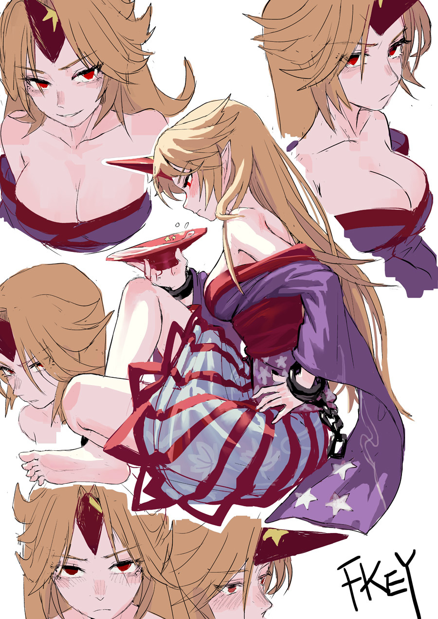 1girl alcohol alternate_costume artist_name bare_shoulders blonde_hair blush breasts chains cleavage collarbone commentary_request cuffs cup expressions eyebrows_visible_through_hair fkey from_side grin hand_on_hip highres holding horn hoshiguma_yuugi japanese_clothes kimono large_breasts long_hair looking_at_viewer obi off_shoulder pointy_ears profile purple_kimono red_eyes red_sash sakazuki sake sash shackles simple_background sitting skirt smile star star_print striped touhou vertical-striped_skirt vertical_stripes white_background