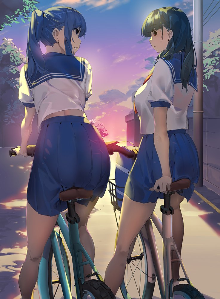 2girls ass backlighting bag bangs bare_legs bicycle bicycle_basket black_hair blue_eyes blue_skirt blunt_bangs breasts closed_mouth clouds evening eyebrows_visible_through_hair feet_out_of_frame from_behind gradient gradient_sky ground_vehicle guratan kneepits leaning_forward long_hair looking_at_viewer looking_back looking_to_the_side medium_breasts multiple_girls original outdoors pantylines parted_lips ponytail red_eyes red_neckwear road see-through shirt short_sleeves sidelocks sitting skirt street sunlight tareme wall white_shirt