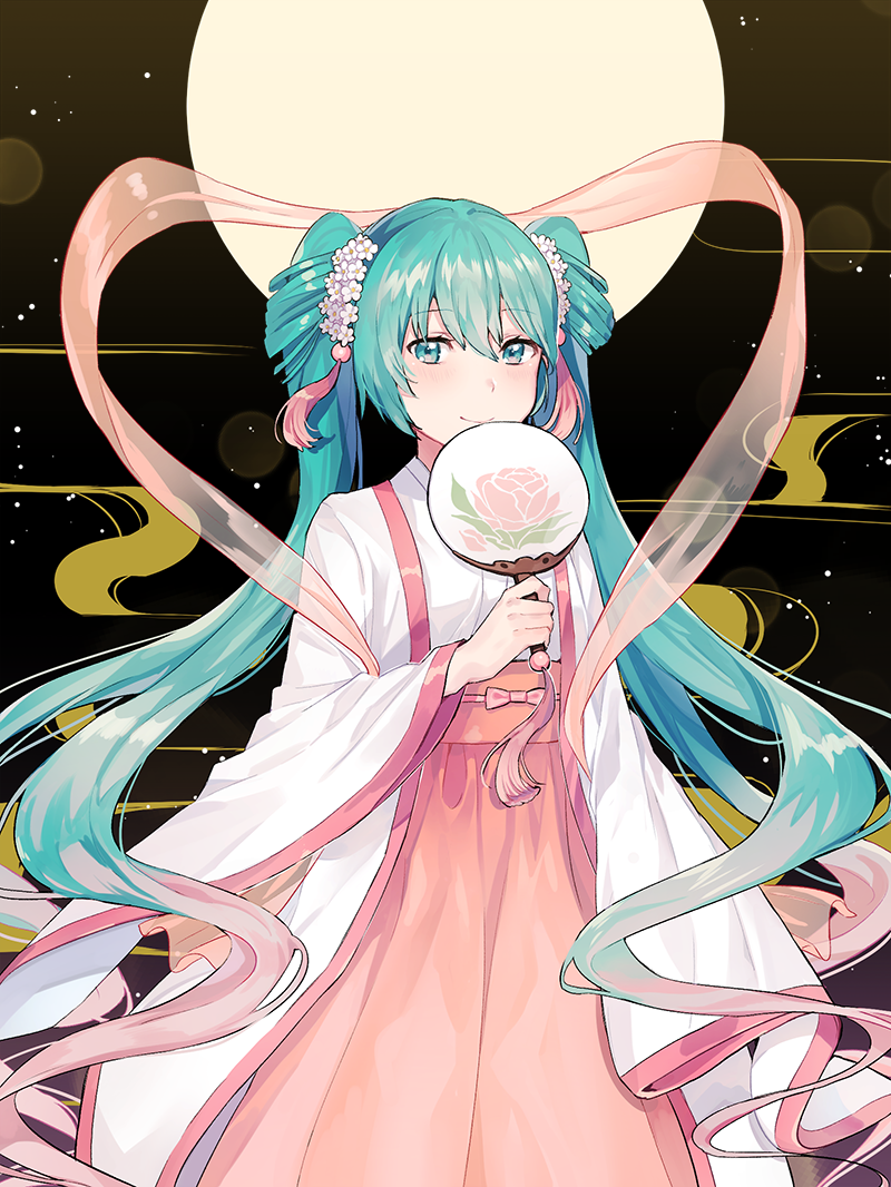 1girl aqua_eyes aqua_hair bangs blush chinese_clothes chuushuu_meigetsu_miku closed_mouth commentary_request eyebrows_visible_through_hair fan flower full_body hagoromo hair_between_eyes hair_flower hair_ornament hanfu hatsune_miku high-waist_skirt holding holding_fan long_hair long_sleeves looking_at_viewer paper_fan pink_skirt shawl skirt sleeves_past_wrists smile solo tiny_(tini3030) twintails uchiwa very_long_hair vocaloid white_flower wide_sleeves