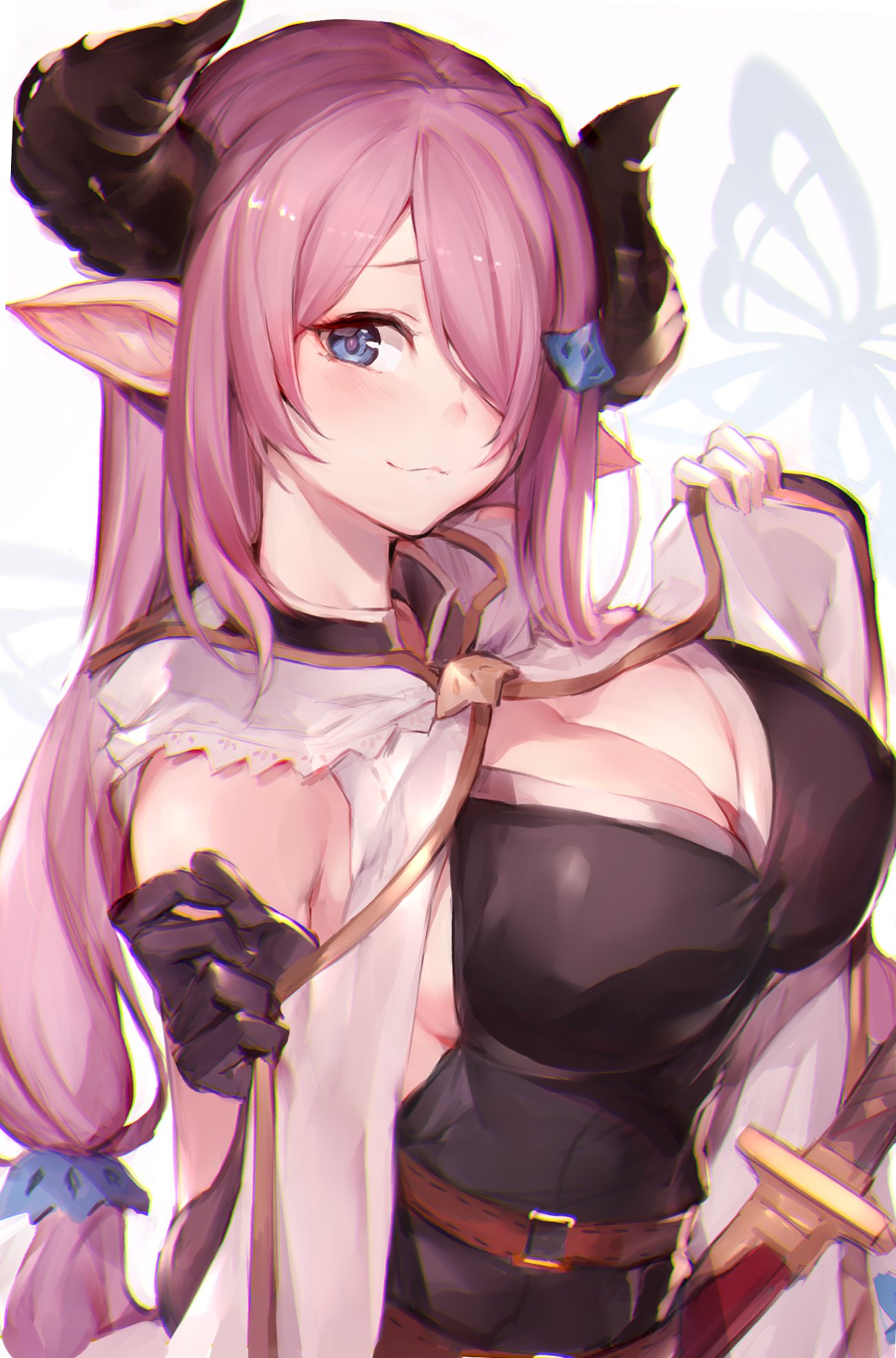 1girl animal_ears bare_shoulders blue_eyes blush breasts cleavage cow_ears granblue_fantasy highres horns large_breasts lavender_hair long_hair looking_at_viewer narumeia_(granblue_fantasy) oyu_(sijimisizimi) pointy_ears smile solo standing