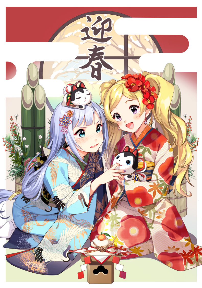 2girls bamboo bangs blonde_hair blue_eyes blush cat commentary_request emily_stewart flower hair_flower hair_ornament hairband idolmaster idolmaster_million_live! idolmaster_million_live!_theater_days japanese_clothes joey_koguma kimono long_hair multiple_girls obi open_mouth sash shiraishi_tsumugi silver_hair smile twintails violet_eyes wide_sleeves