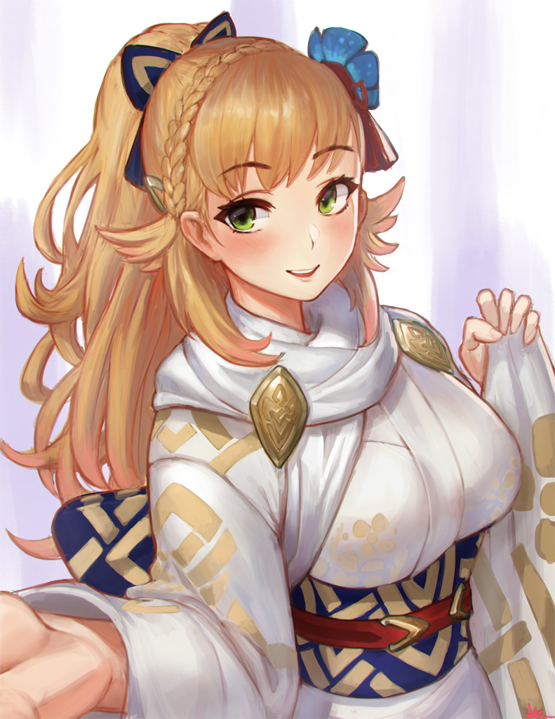 1girl 2018 blonde_hair blush braid breasts edward_montenegro fire_emblem fire_emblem_heroes green_eyes hair_ornament hair_ribbon japanese_clothes kimono large_breasts long_hair looking_at_viewer new_year open_mouth sharena simple_background smile solo white_background