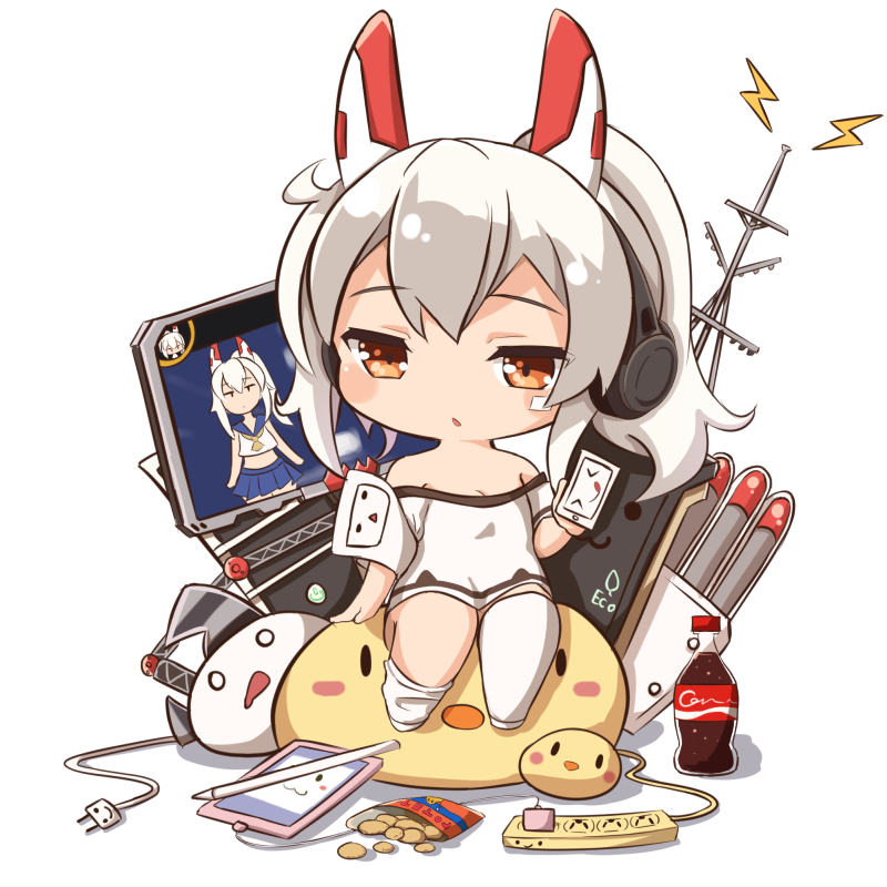 1girl ame. ayanami_(azur_lane) azur_lane bag_of_chips bangs bare_shoulders blush bottle breasts brown_eyes cellphone chibi chips cleavage cola commentary_request eyebrows_visible_through_hair food grey_hair high_ponytail lightning_bolt long_hair medium_breasts off-shoulder_shirt parted_lips phone ponytail potato_chips shirt short_sleeves sitting smartphone solo stylus thigh-highs thighhighs_pull torpedo white_background white_legwear white_shirt