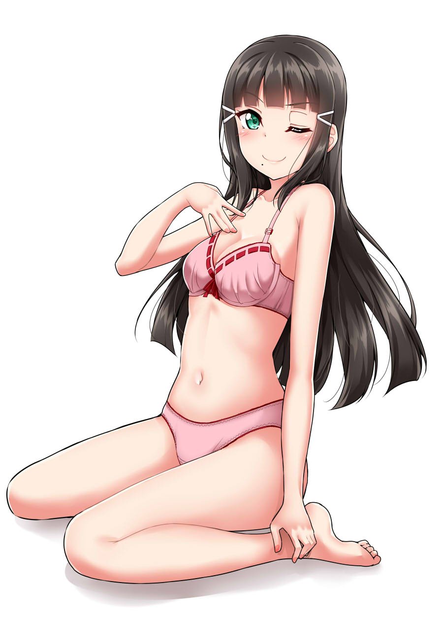 1girl \||/ aqua_eyes bangs barefoot black_hair blunt_bangs blush bra breasts cleavage commentary_request hair_ornament hairclip hand_on_own_chest highres kurosawa_dia long_hair looking_at_viewer love_live! love_live!_sunshine!! midriff mole mole_under_mouth navel one_eye_closed panties pink_bra pink_panties ribbon-trimmed_bra simple_background sitting smile solo underwear underwear_only v-shaped_eyebrows wariza white_background yopparai_oni