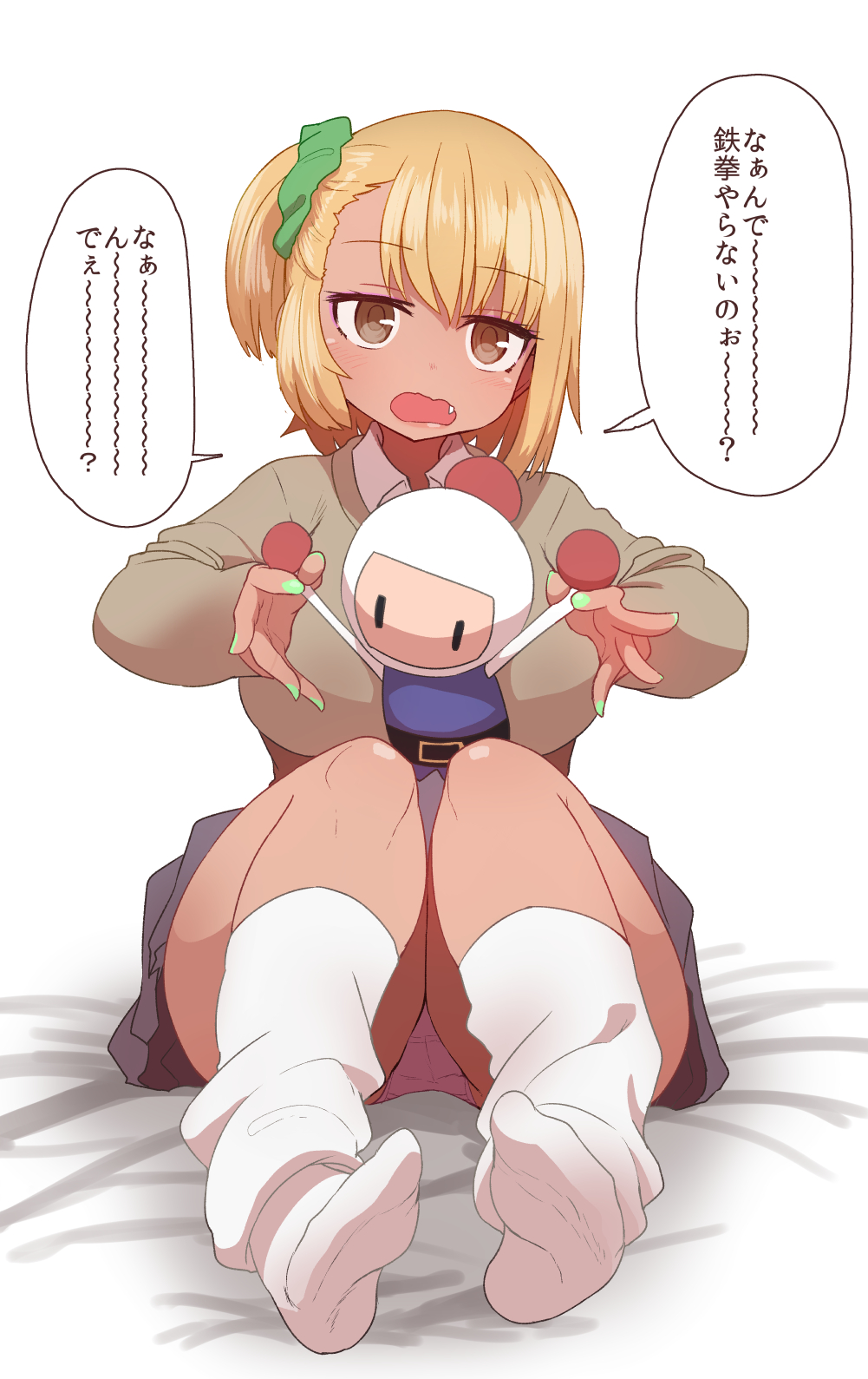 1girl bangs blonde_hair blue_skirt bomberman bomberman_(character) breasts brown_eyes brown_sweater collared_shirt dark_skin doll eyebrows_visible_through_hair fang fingernails full_body green_nails hair_ornament hair_scrunchie highres holding large_breasts legs_together long_sleeves looking_at_viewer nail_polish one_side_up open_mouth original panties pantyshot pantyshot_(sitting) pink_panties pleated_skirt school_uniform scrunchie shirt short_hair simple_background sitting skirt socks solo sumiyao_(amam) sweater translation_request underwear white_background white_legwear wing_collar