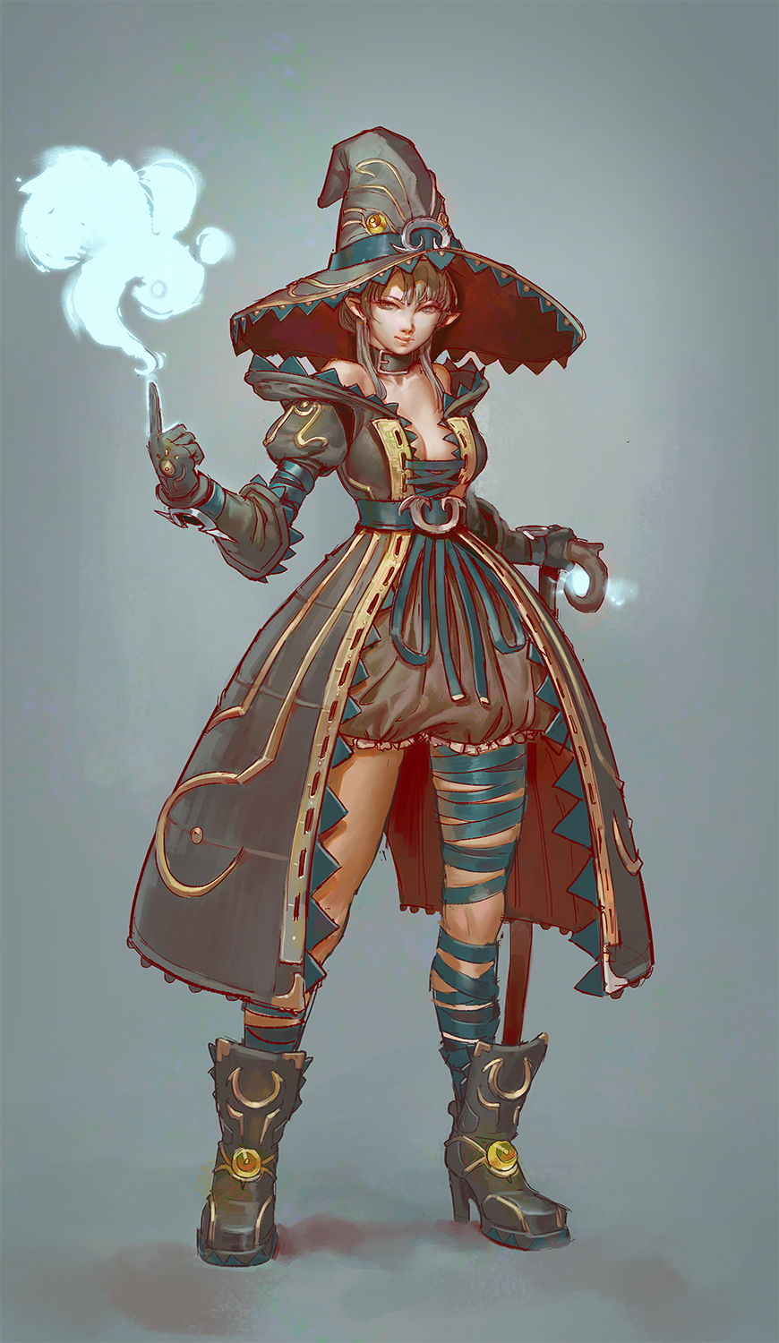 1girl belt boots brown_gloves brown_hair buckle collar commentary gloves green_background hat highres holding long_hair mage multicolored multicolored_clothes multicolored_hat open_eyes open_mouth original pointing pointing_up puffy_sleeves shadow smoke solo staff standing strap tim_loechner witch