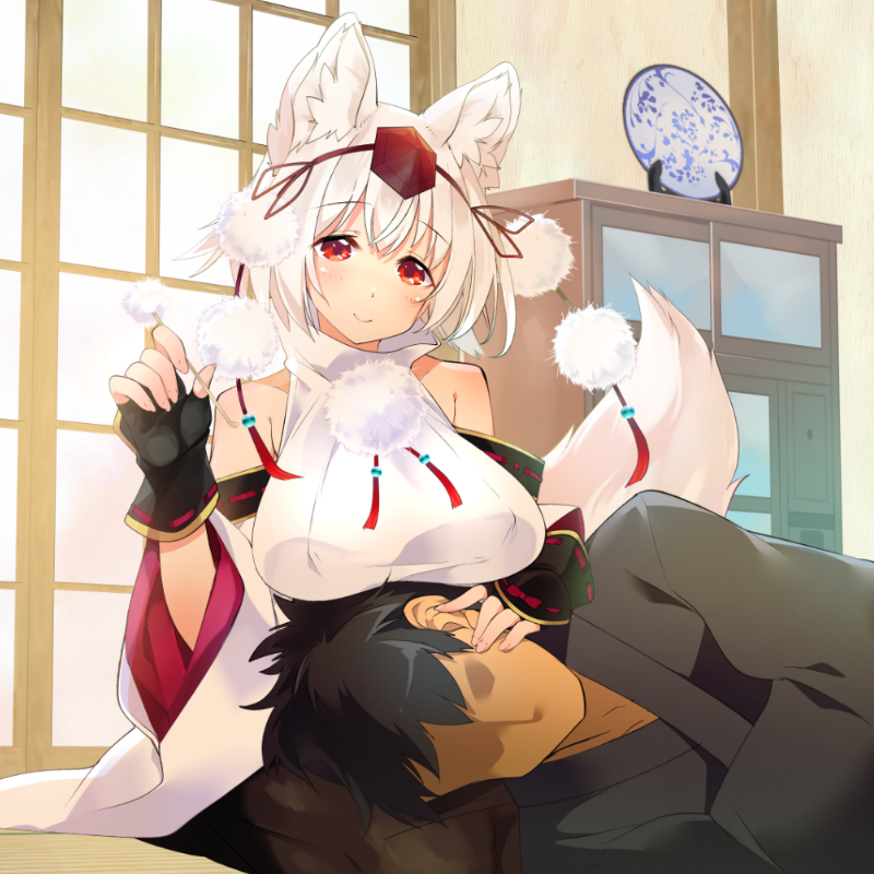 1boy 1girl animal_ears bare_shoulders black_hair breasts faceless faceless_male fingerless_gloves gloves hat inubashiri_momiji japanese_clothes lap_pillow large_breasts long_sleeves plate pom_pom_(clothes) red_eyes short_hair smile tail tokin_hat touhou transpot_nonoko white_hair wolf_ears wolf_girl wolf_tail
