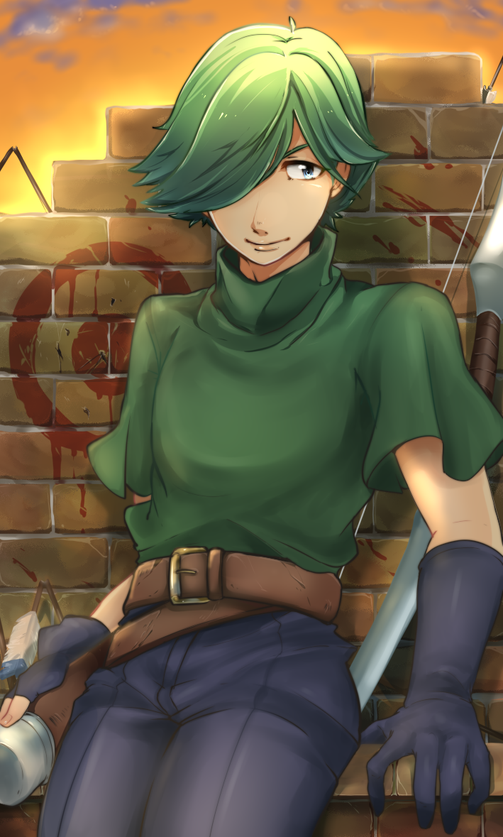 1boy arrow belt blue_eyes bow_(weapon) fire_emblem fire_emblem:_mystery_of_the_emblem gloves green_hair hair_over_one_eye kizi_sizui23 male_focus sky solo tomas_(fire_emblem) weapon