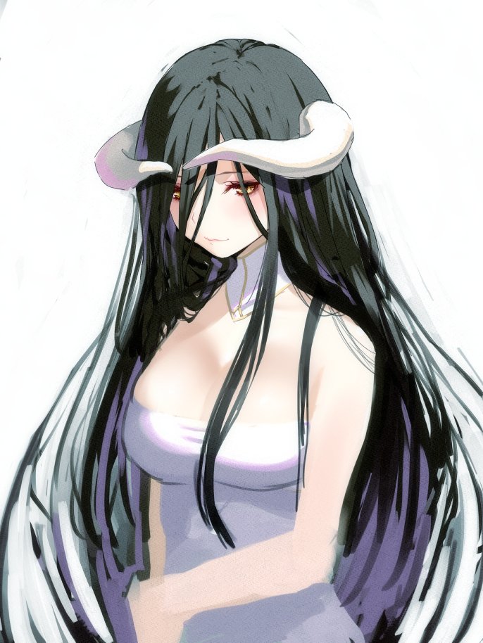 1girl albedo bare_arms bare_shoulders breasts closed_mouth commentary demon_horns dress eyeshadow hair_between_eyes horns large_breasts long_hair looking_at_viewer makeup overlord_(maruyama) simple_background sketch smile solo very_long_hair white_background white_dress yasuyuki yellow_eyes