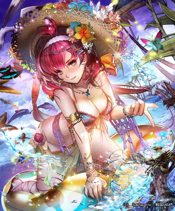 bare_shoulders bikini bird blue_sky blush bracelet breasts butterfly day dolphin dutch_angle earrings fingernails flower green_nails hair_flower hair_ornament hairclip hat inflatable_toy jewelry kneeling large_breasts liduke long_hair looking_at_viewer nail_polish necklace ocean official_art outdoors pointing pointing_at_viewer redhead sarong seagull sengoku_saga sky smile straw_hat swimsuit violet_eyes water watermark