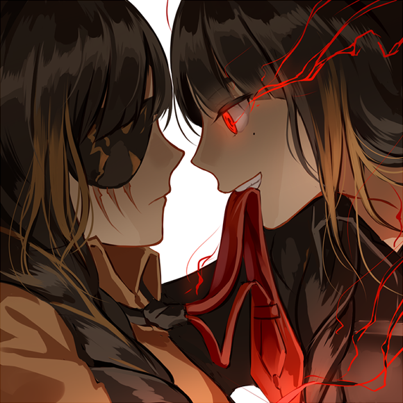 2girls bangs biting biting_clothes black_hair blonde_hair braid dark_persona dual_persona energy eyepatch girls_frontline grin leaning_forward long_hair m16a1_(girls_frontline) mole mole_under_eye multicolored_hair multiple_girls necktie necktie_on_mouth red_eyes scar scar_across_eye silence_girl simple_background smile streaked_hair wall_slam