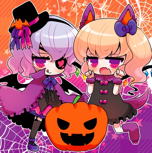 2girls :q animal_ears bangs bat_wings black_dress black_hairband black_hat black_legwear black_shirt black_wings blonde_hair blue_bow blush bow cape center_frills claws closed_mouth commentary_request crystal dress eyebrows_visible_through_hair eyepatch fang flandre_scarlet frilled_cape frills fur_collar garter_straps hair_between_eyes hair_bow hairband halloween hands_up hat hat_ribbon heart jack-o'-lantern long_hair looking_at_viewer marshmallow_mille mary_janes mini_hat mini_top_hat multiple_girls one_side_up open_mouth paw_shoes pink_skirt purple_cape purple_footwear purple_hair purple_ribbon remilia_scarlet ribbon shirt shoes siblings silk sisters skirt sleeveless sleeveless_dress smile spider_web standing standing_on_one_leg star tail thigh-highs tongue tongue_out top_hat touhou violet_eyes wavy_mouth wings wolf_ears wolf_girl wolf_tail
