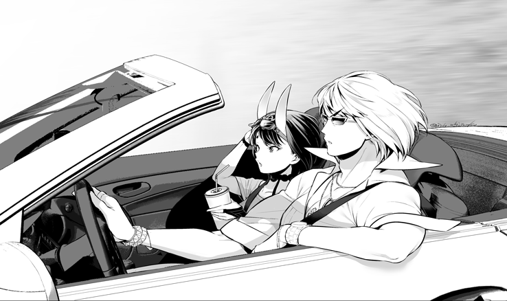 1boy 1girl alternate_costume bangs bendy_straw bracelet car car_interior cup drinking_straw driving eyewear_on_head fate/grand_order fate_(series) ground_vehicle horns jewelry monochrome motor_vehicle necklace oni oni_horns ring sakata_kintoki_(fate/grand_order) seatbelt shiromako short_hair shuten_douji_(fate/grand_order) sitting steering_wheel sunglasses