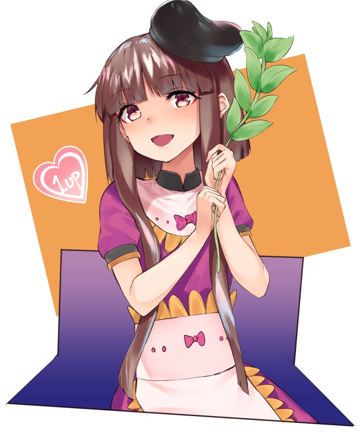 1girl 1up apron asuzemu bangs blunt_bangs bow brown_eyes brown_hair commentary_request dress eyebrows_visible_through_hair hat heart holding_plant looking_at_viewer nishida_satono open_mouth puffy_short_sleeves puffy_sleeves purple_bow purple_dress short_hair short_hair_with_long_locks short_sleeves sidelocks smile solo touhou white_background