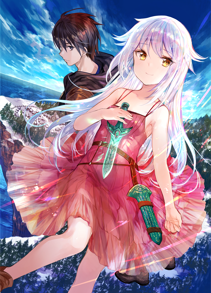 1boy 1girl ahoge bangs black_eyes black_hair blush commentary_request copyright_request dress forest fuji_choko hair_between_eyes holding holding_weapon knife long_hair looking_at_viewer nature ocean outdoors red_dress red_eyes shoes short_hair silver_hair sky sleeveless smile weapon