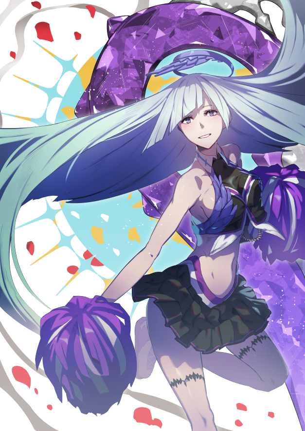 1girl bare_shoulders black_skirt blue_hair blush breasts brynhildr_(fate) cheer_for_master cheerleader crop_top fate/grand_order fate_(series) headgear heart long_hair looking_at_viewer medium_breasts navel pom_poms rano skirt smile solo very_long_hair violet_eyes