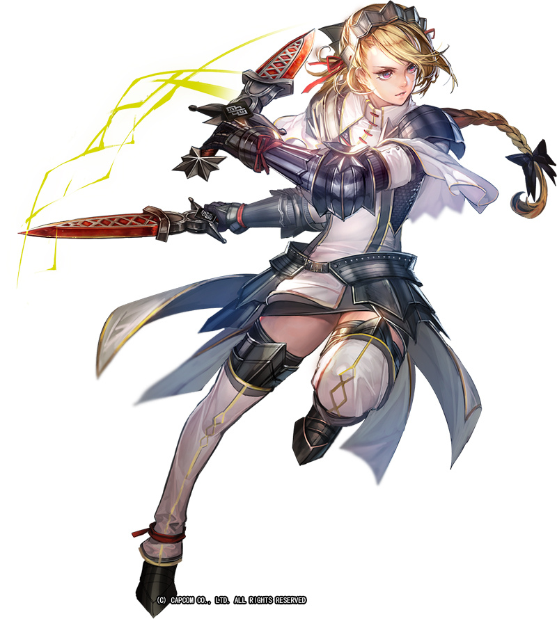 1girl armor bangs blonde_hair boots braid dual_wielding full_body gauntlets hair_ribbon headdress holding holding_sword holding_weapon liduke metal_boots monster_hunter official_art parted_lips pink_eyes plate_armor red_ribbon ribbon short_sword simple_background single_braid solo spaulders standing standing_on_one_leg sword tress_ribbon watermark weapon white_background