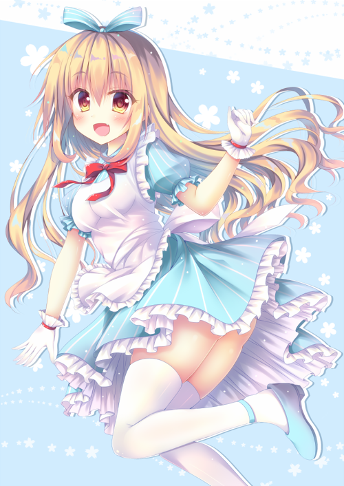 1girl :d apron bangs blonde_hair blue_bow blue_dress blue_footwear blush bow breasts brown_eyes commentary_request dress eyebrows_visible_through_hair fang frilled_apron frilled_dress frills gloves hair_between_eyes hair_bow hand_up long_hair looking_at_viewer looking_to_the_side medium_breasts open_mouth original puffy_nipples shoes skindentation smile solo standing standing_on_one_leg striped striped_bow suzukawa_yui thigh-highs vertical-striped_dress vertical_stripes very_long_hair white_apron white_gloves white_legwear