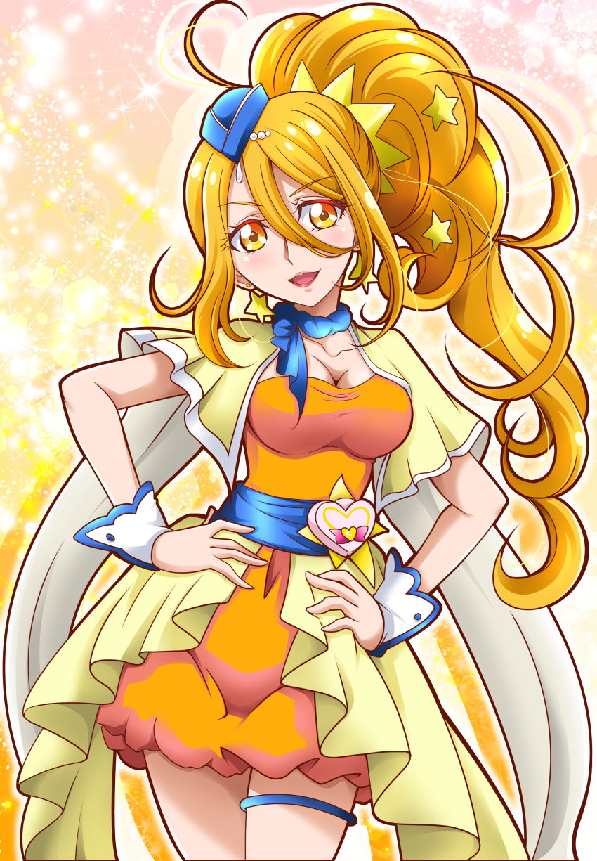 1girl blue_hat capelet colored_eyelashes cowboy_shot cure_etoile dress earrings garrison_cap hair_ornament hands_on_hips hanzou hat highres hugtto!_precure jewelry kagayaki_homare long_hair looking_at_viewer magical_girl orange_dress orange_eyes orange_hair parted_lips precure smile solo sparkle star star_earrings star_hair_ornament wrist_cuffs yellow_background