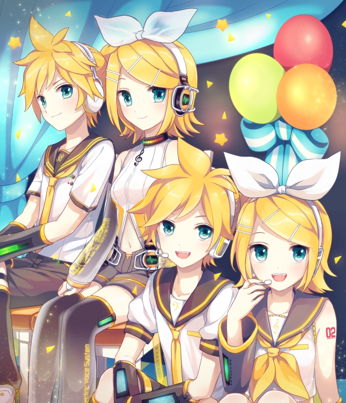 2boys 2girls akiyoshi_(tama-pete) aqua_eyes balloon blonde_hair blue_eyes brother_and_sister detached_sleeves dual_persona hair_ornament hair_ribbon hairclip headgear headphones kagamine_len kagamine_rin looking_at_viewer multiple_boys multiple_girls neck_ribbon necktie open_mouth ribbon sailor_collar short_hair short_ponytail shorts siblings sitting sleeveless smile tattoo twins vocaloid