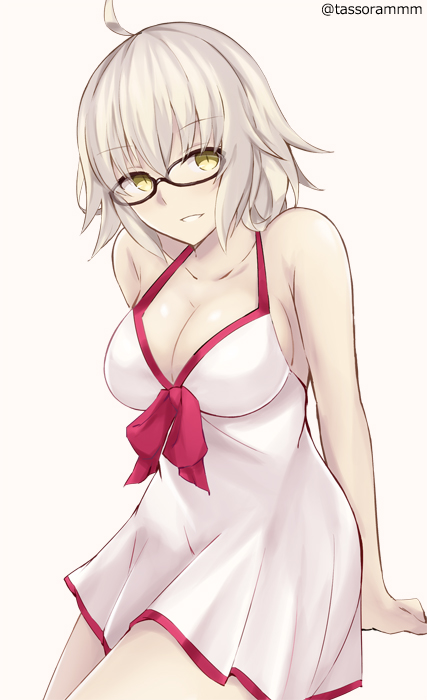 1girl ahoge arm_support bangs bare_arms bare_shoulders black-framed_eyewear bow breasts cleavage collarbone commentary_request dress eyebrows_visible_through_hair fate/grand_order fate_(series) glasses grey_hair hair_between_eyes jeanne_d'arc_(alter)_(fate) jeanne_d'arc_(fate)_(all) large_breasts looking_at_viewer parted_lips pink_background pink_bow simple_background sleeveless sleeveless_dress smile solo tasora twitter_username white_dress yellow_eyes