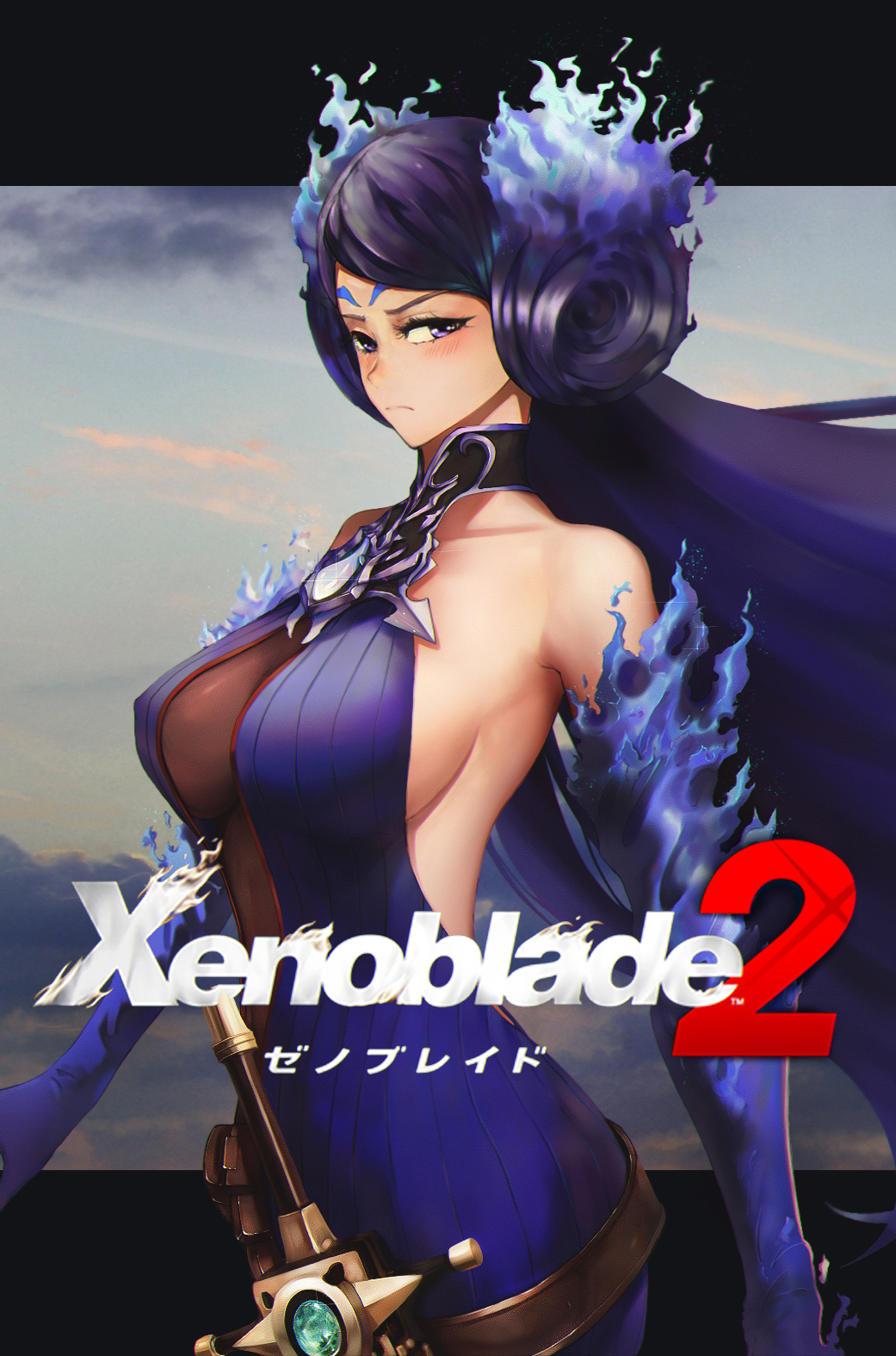1girl bare_shoulders blue_eyes blush breasts closed_mouth covered_nipples fire gloves halterneck hat highres kagutsuchi_(xenoblade) large_breasts long_hair looking_at_viewer murasaki_saki nintendo purple_hair sideboob simple_background solo tree xenoblade xenoblade_2