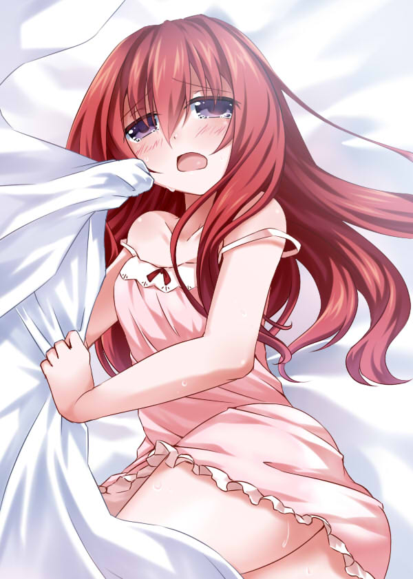 :o bare_shoulders bed_sheet brown_hair crying crying_with_eyes_open long_hair looking_at_viewer on_bed original pajamas pink_pajamas sheet_grab shinsekai1205 strap_slip tears twisted_torso violet_eyes