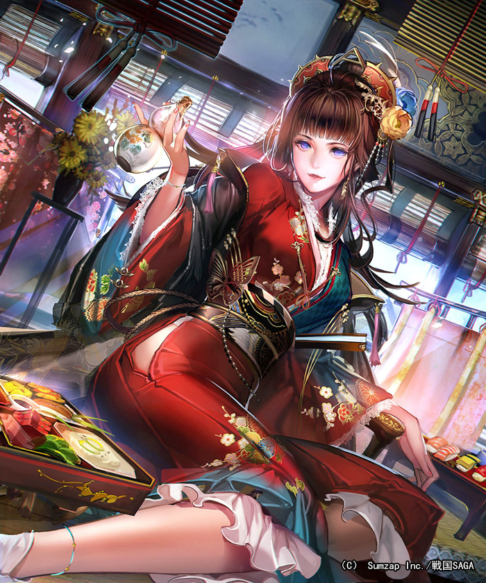 1girl anklet bangs blue_eyes blue_flower blue_rose blunt_bangs bracelet brown_hair closed_mouth day feet_out_of_frame fingernails floral_print flower food hair_flower hair_ornament hand_up holding indoors japanese_clothes jewelry kimono liduke light_smile long_sleeves looking_at_viewer nail_polish obi official_art pink_lips plant potted_plant red_kimono red_nails rose sash sengoku_saga sitting smile socks solo sunflower tassel watermark white_legwear wide_sleeves window yellow_flower yellow_rose